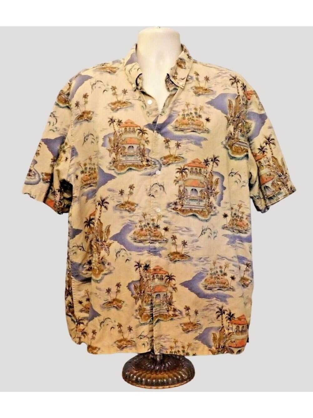 Turnbury Hawaiian Shirt XL Tan Island Scenes Short Sleeve Tropical Linen Cotton